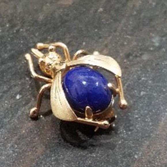 18K Gold Lapis Lazuli BEE pin new vintage artisan RARE deco animal bumblebee - Picture 2 of 9
